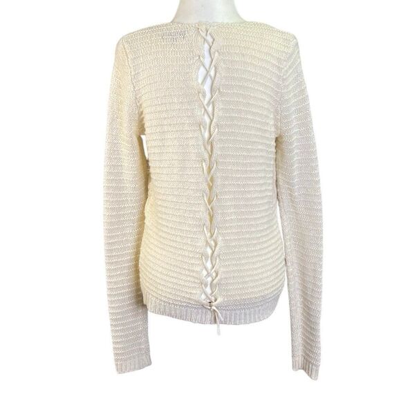 Cream Cable Knit Sweater L Women Soft Textured Pullover Lace Up Back Winter Chic - Picture 2 of 6